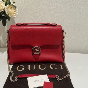 Gucci Large Red Calf Dollar Chain Crossbody Bag w/ interlocking Double G Satchel